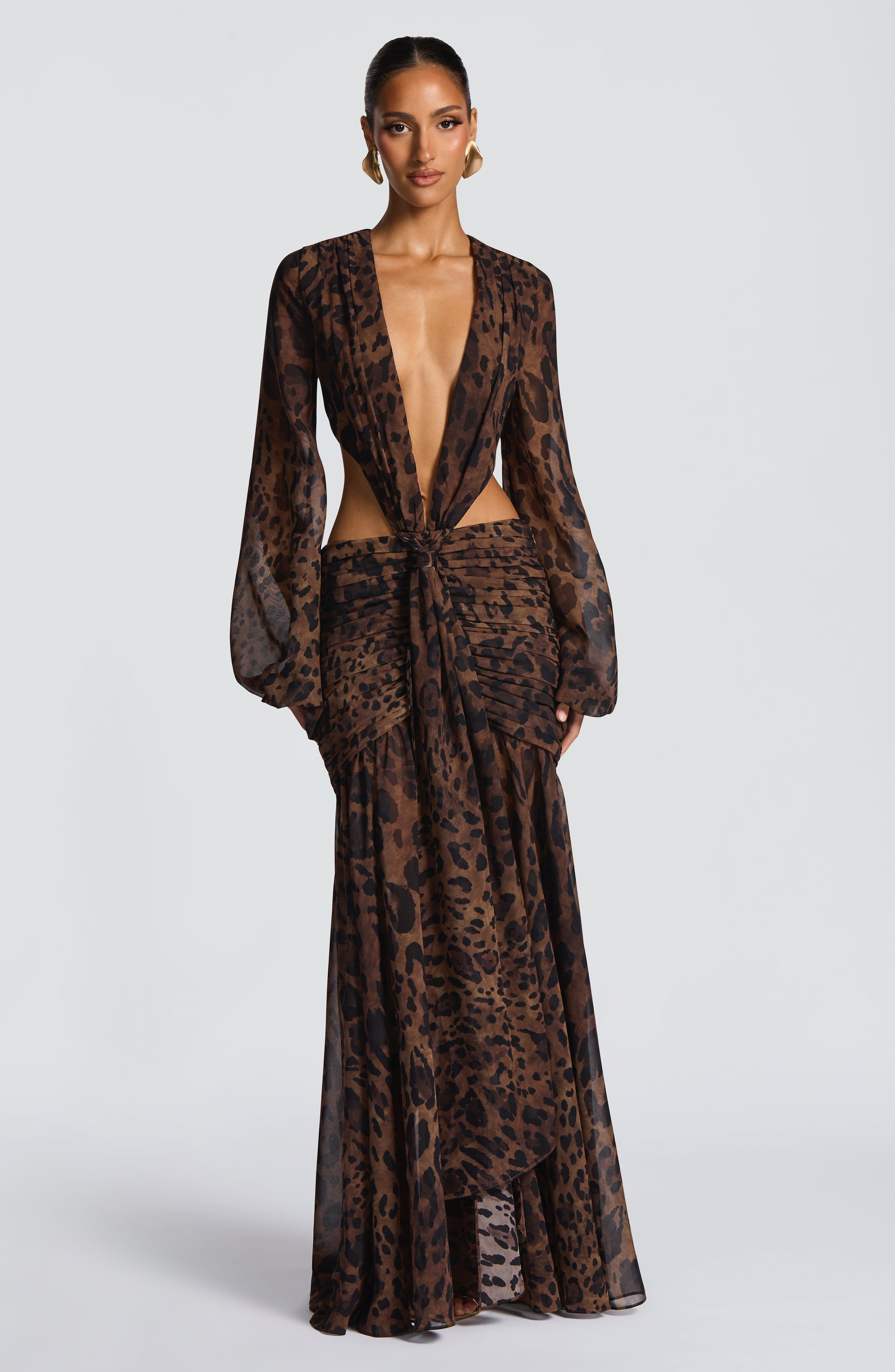 Leopar Desenli Cut-Out Maxi Elbise