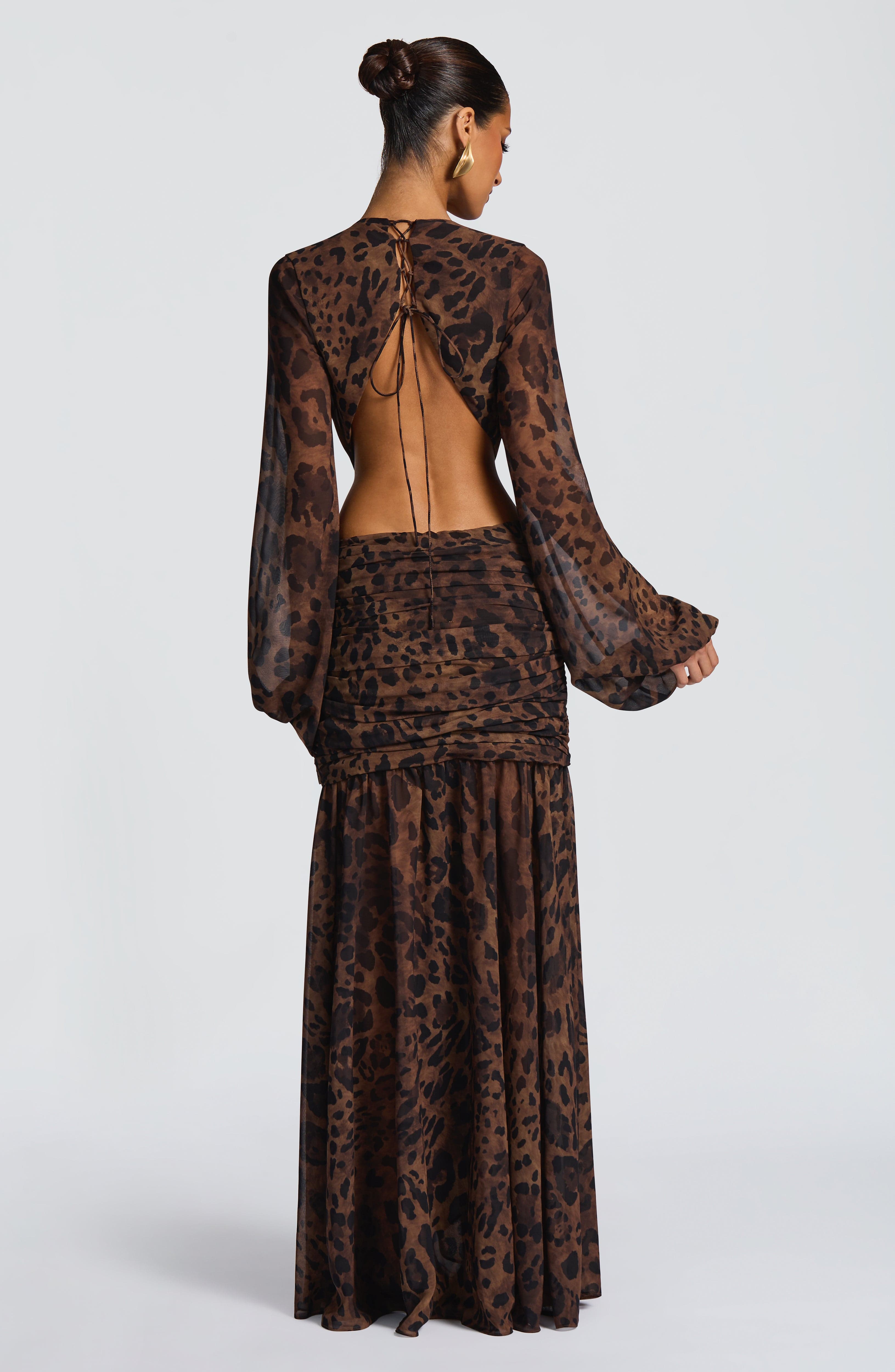 Leopar Desenli Cut-Out Maxi Elbise