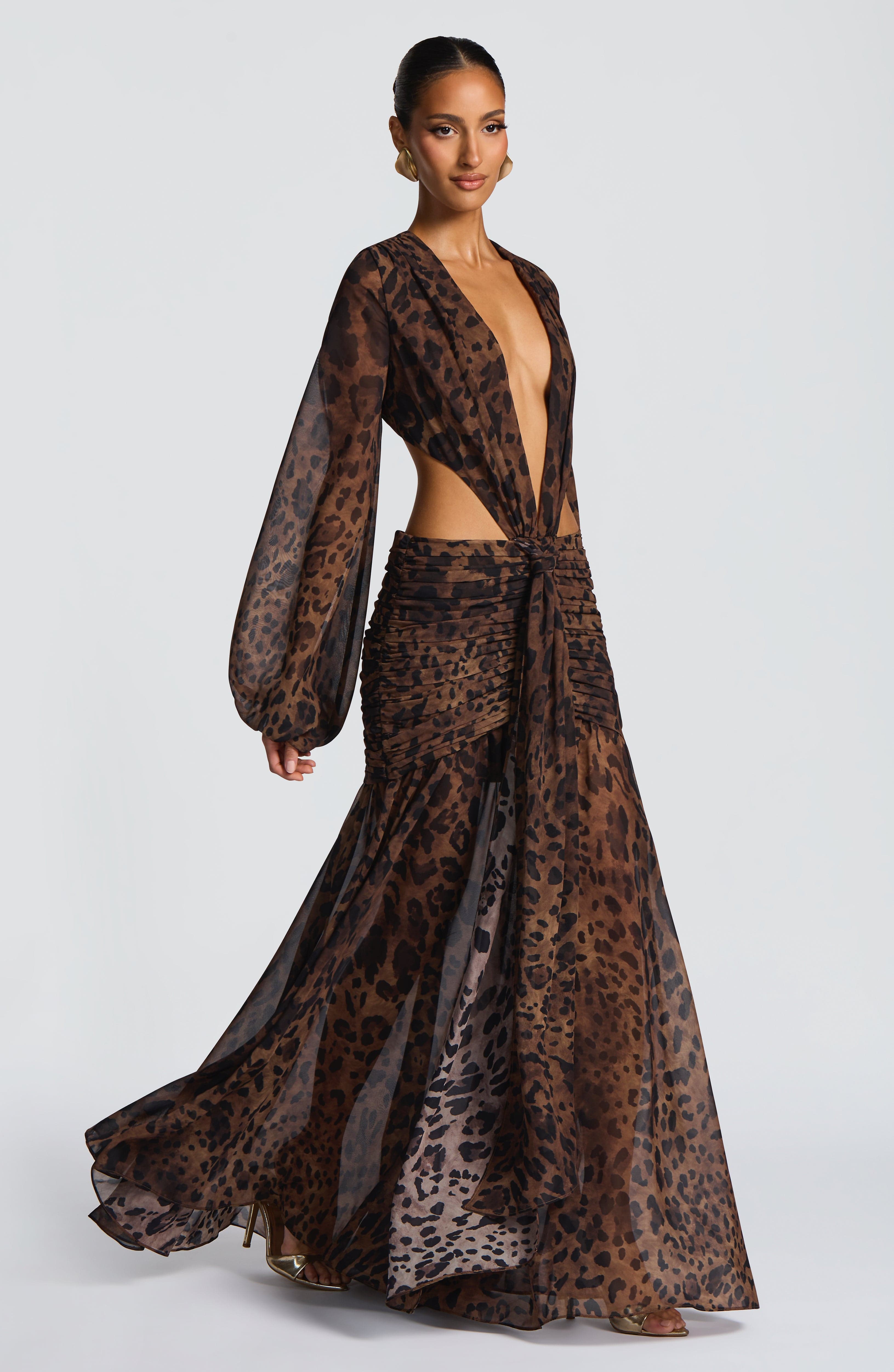 Leopar Desenli Cut-Out Maxi Elbise