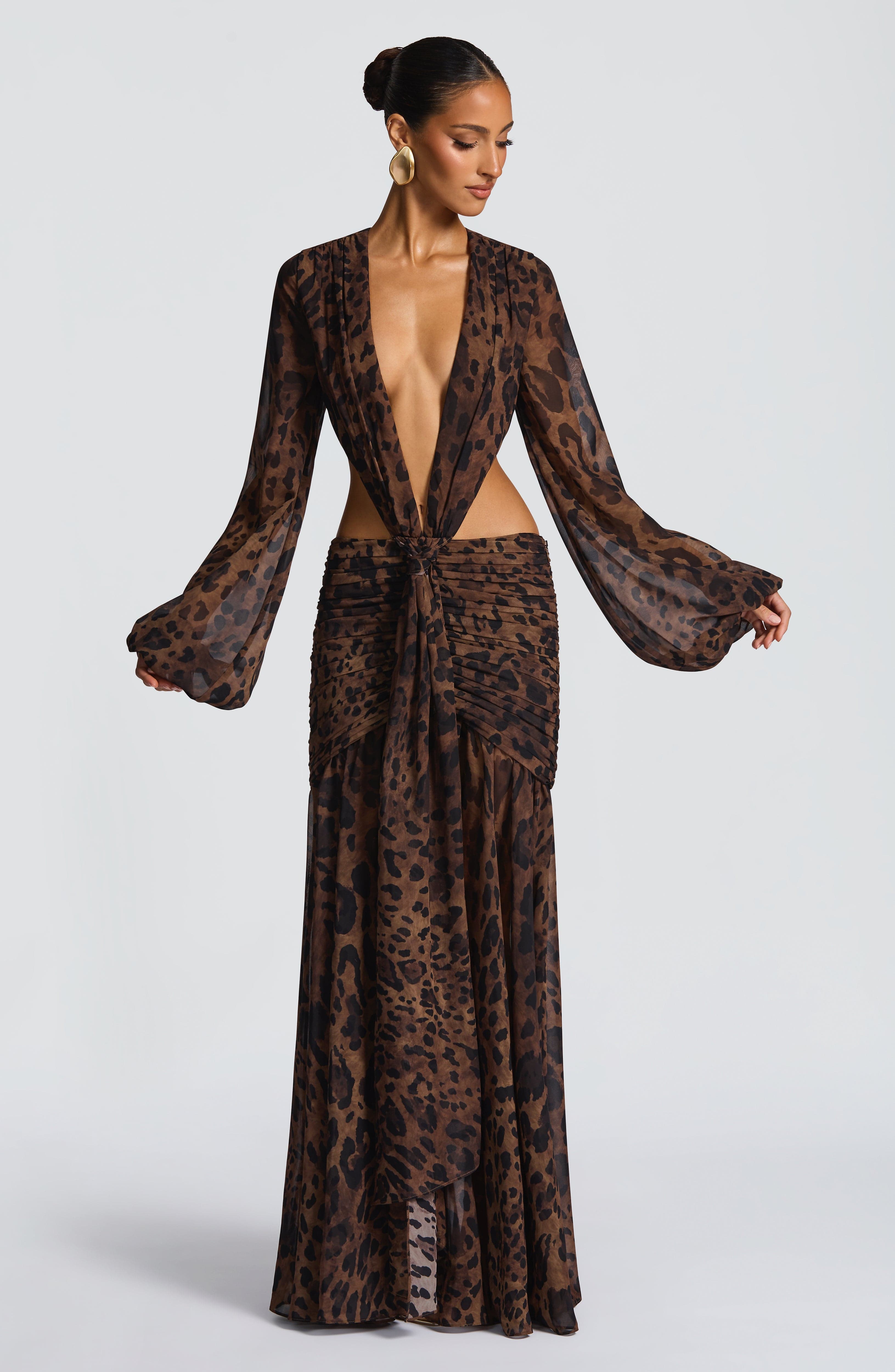 Leopar Desenli Cut-Out Maxi Elbise
