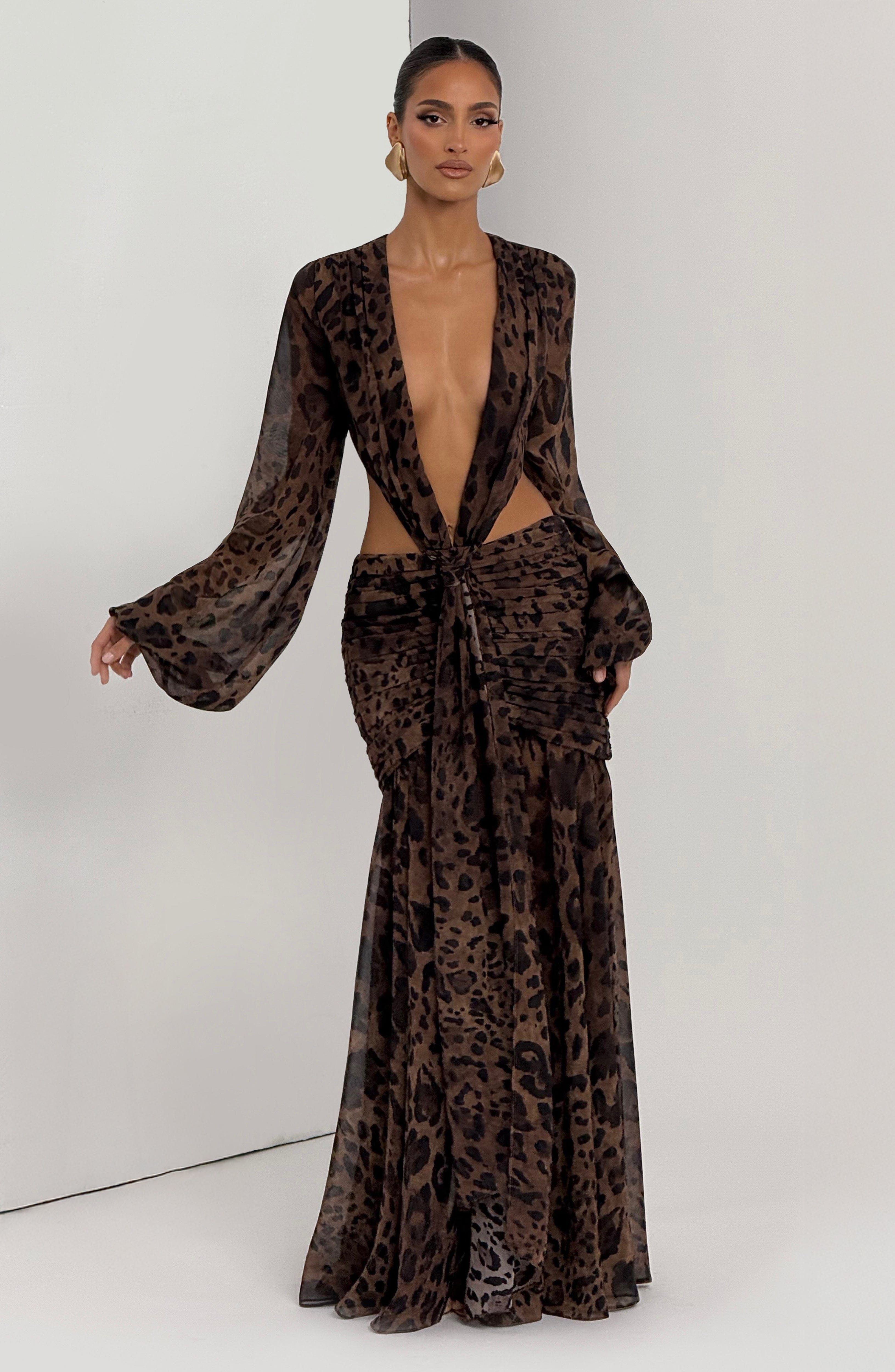 Leopar Desenli Cut-Out Maxi Elbise
