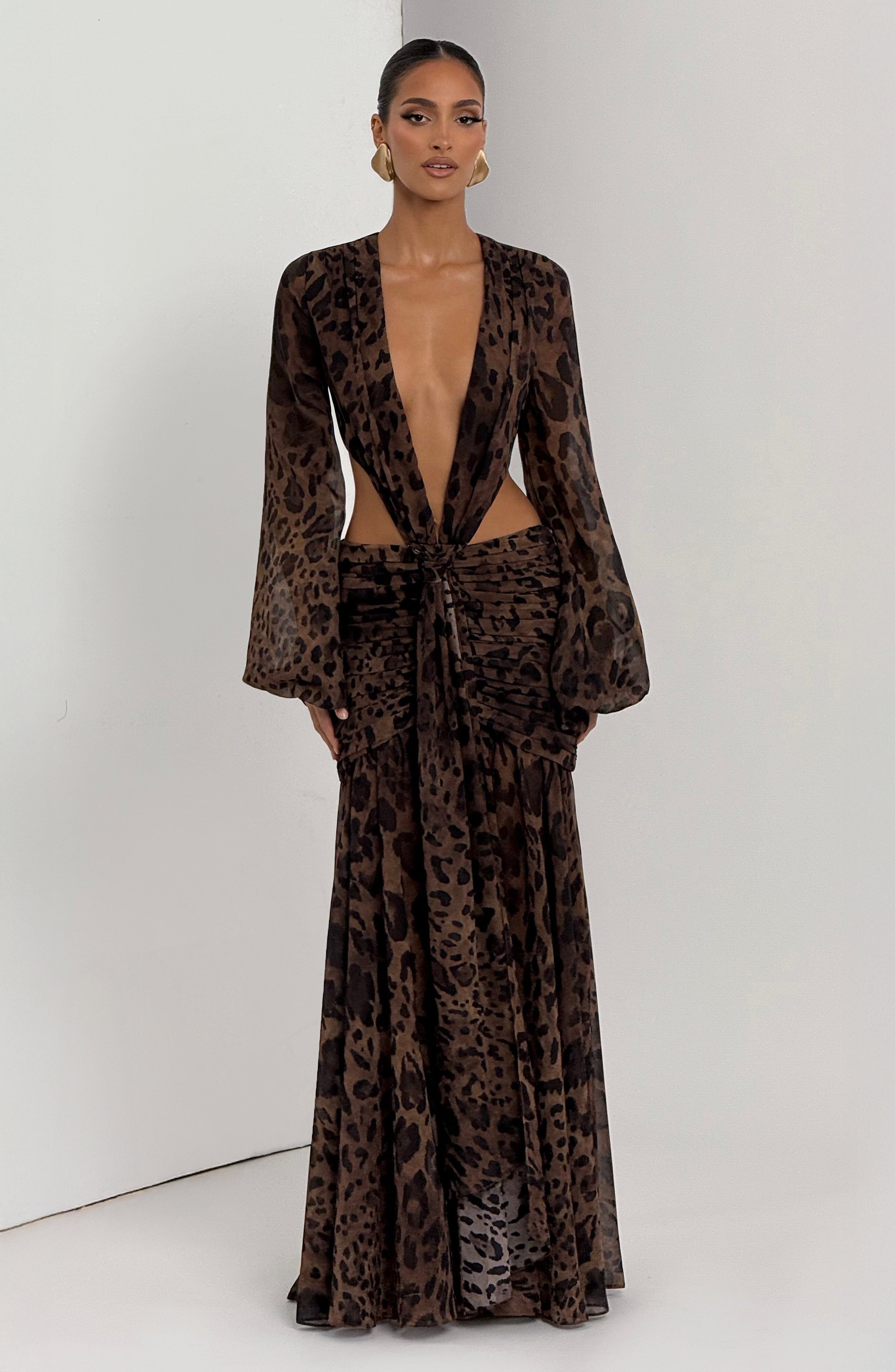 Leopar Desenli Cut-Out Maxi Elbise