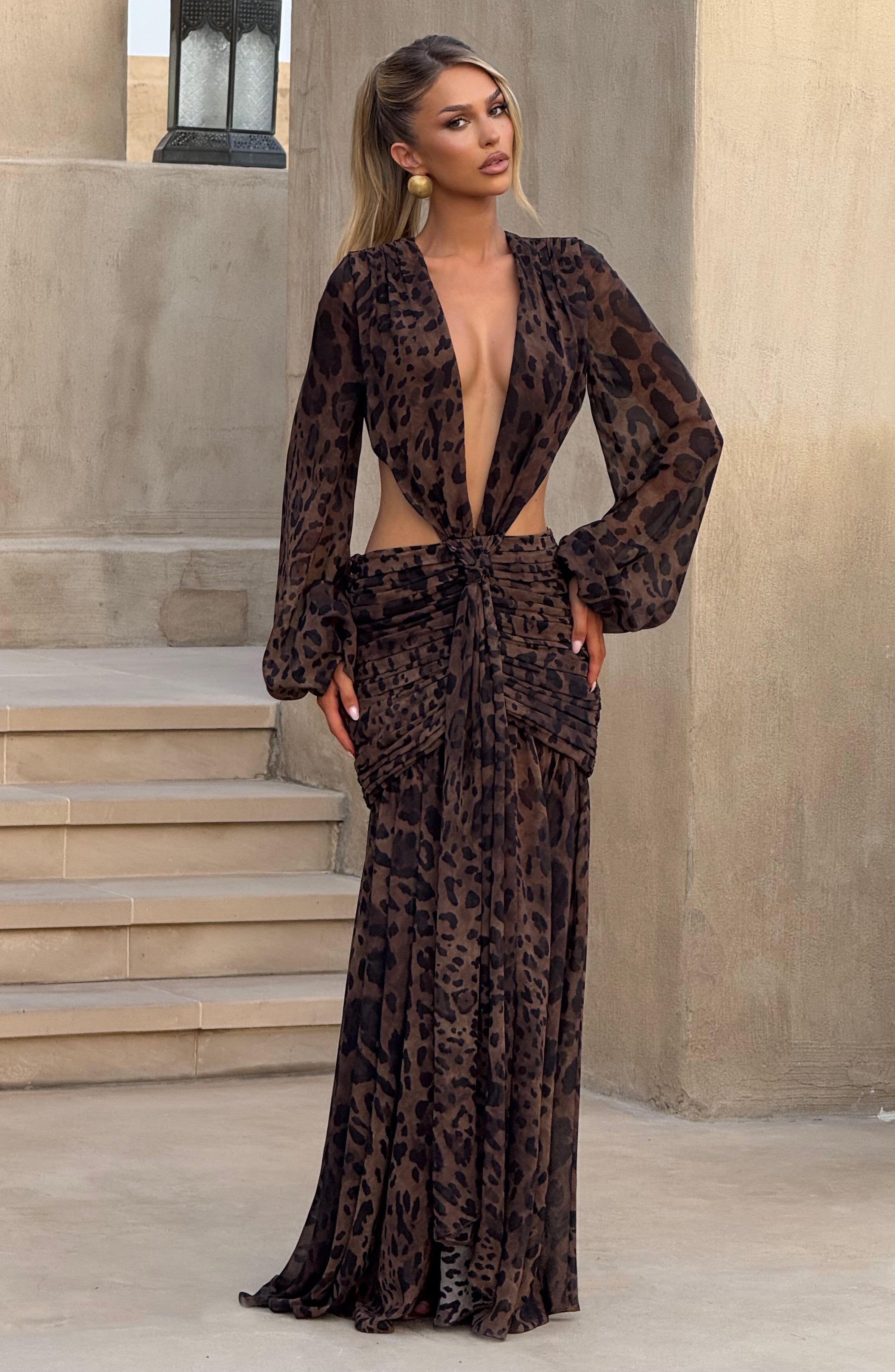 Leopar Desenli Cut-Out Maxi Elbise