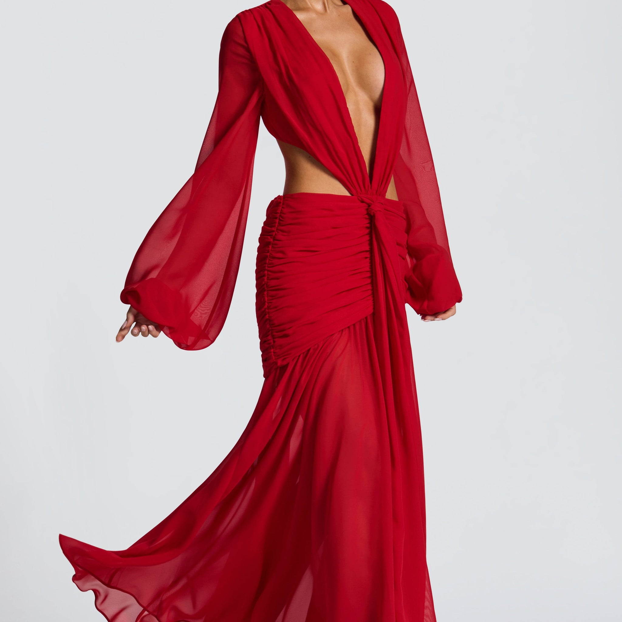 Kırmızı Transparan Cut-Out Maxi Elbise