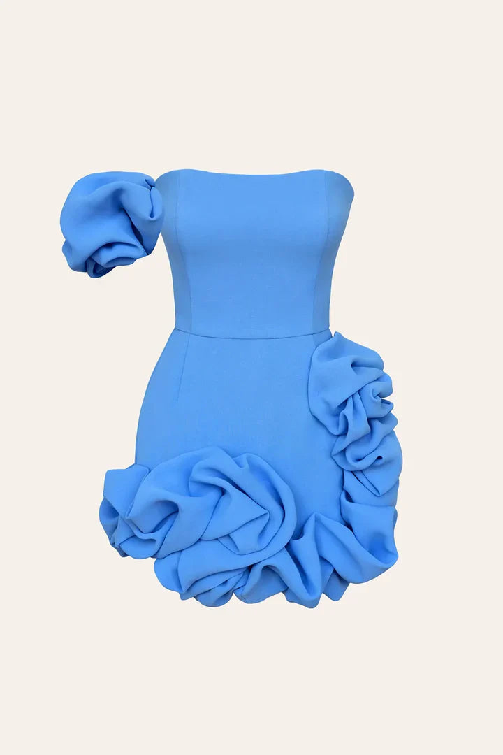Romantik Lale Bel Askısız Mini Elbise