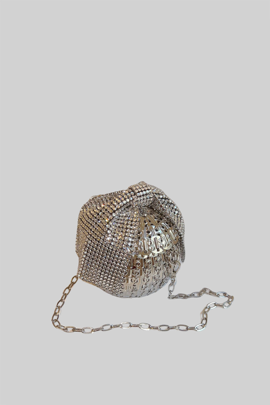 Sphere-Shaped Metallic Handbag with Glittery Embellishments - Silver