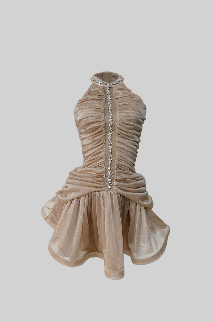 İnci Detaylı, Kolsuz, Askılı Bej Elbise