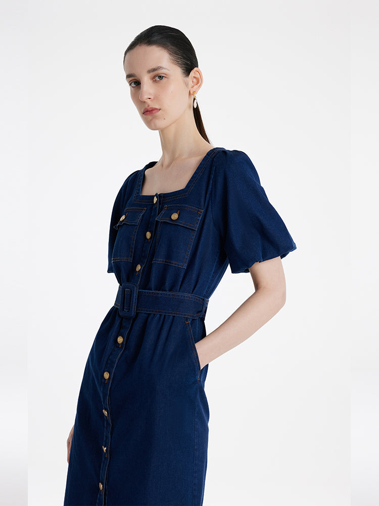 Damen-Midikleid aus Jeansstoff mit Puffärmeln und eckigem Ausschnitt, inklusive Gürtel 
