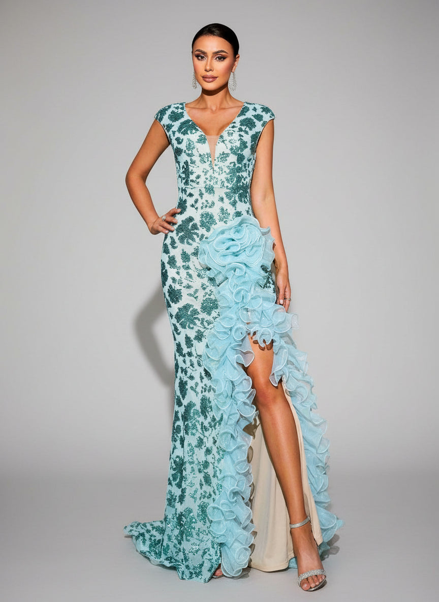 Demetria Sleeveless Ruffled Maxi Dress with Slit