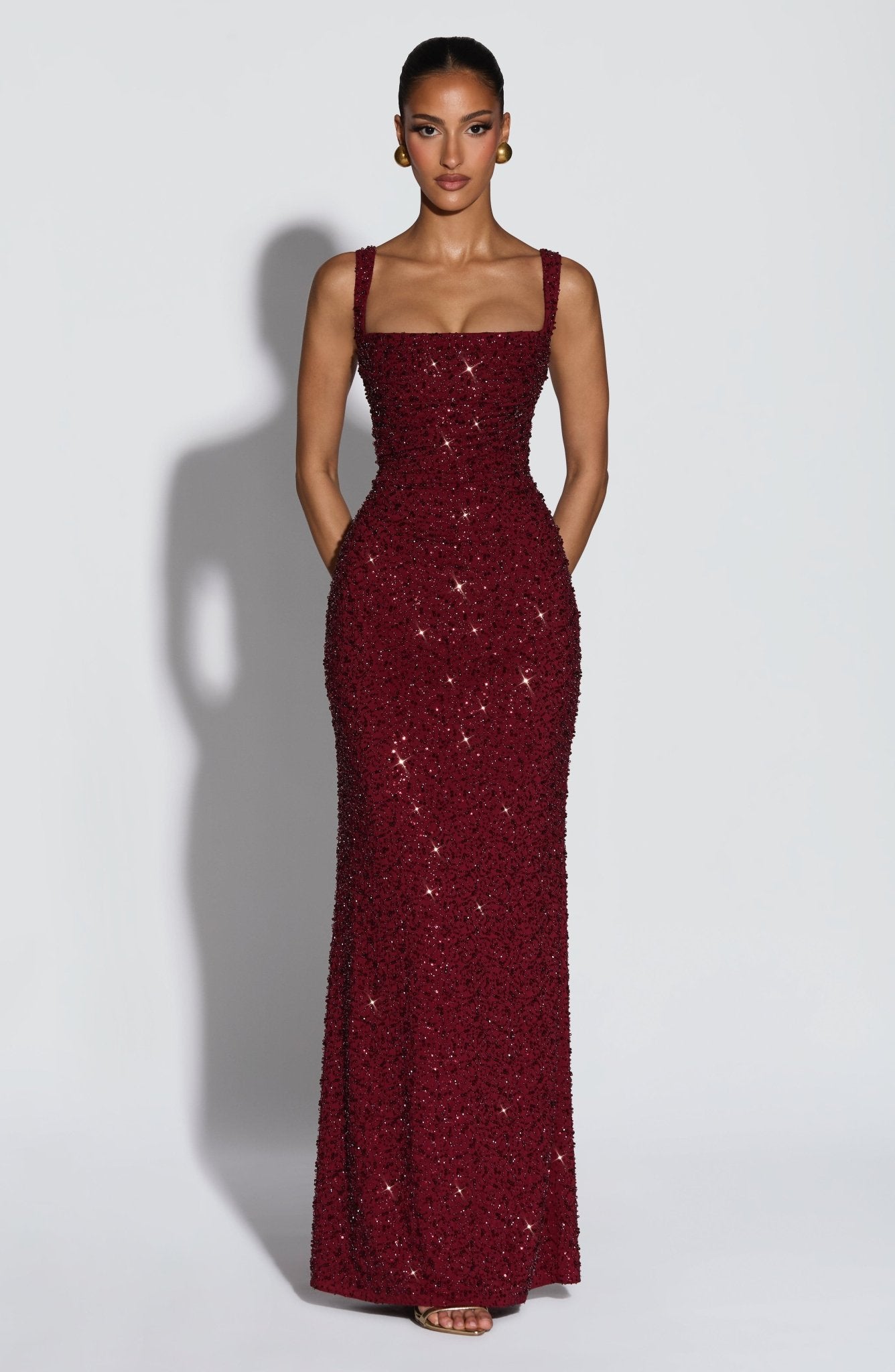 Calanthe Maxi Elbise - Bordo Işıltılı