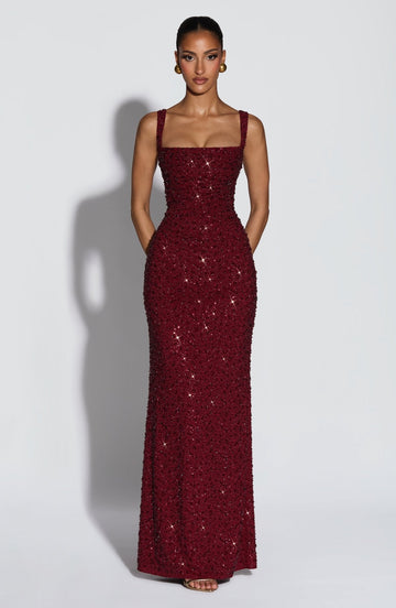 Calanthe Maxi Elbise - Bordo Işıltılı