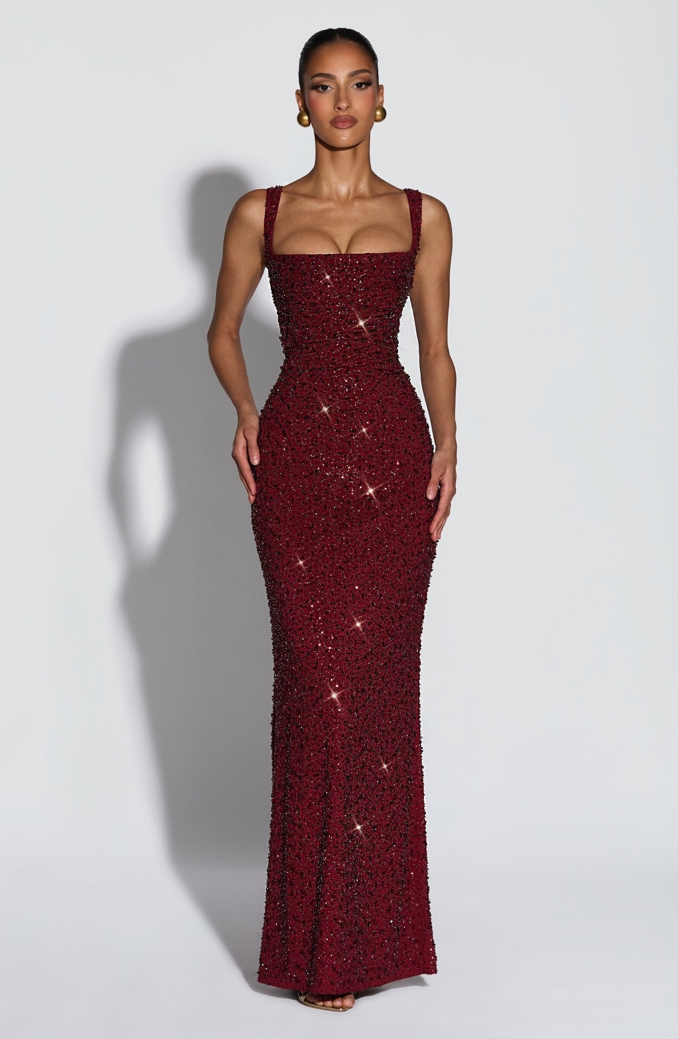 Calanthe Maxi Elbise - Bordo Işıltılı