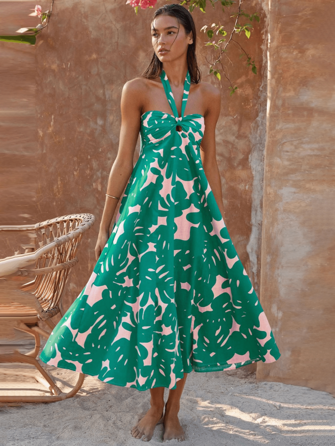 Laurel Print Halter Maxi Dress - Green
