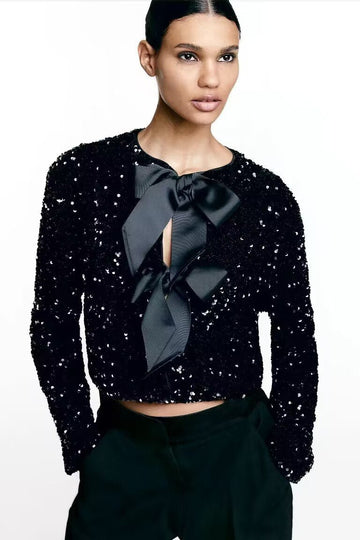 Cara Papyonlu Payet Crop Top