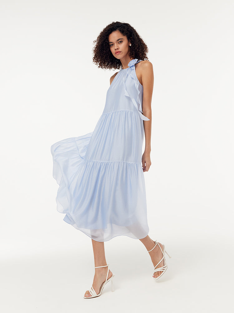 Çıkarılabilir Çiçekli Kadın Halter Midi Mavi Elbise