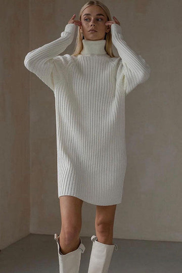 Geripptes Strick-Winterminikleid – Weiß