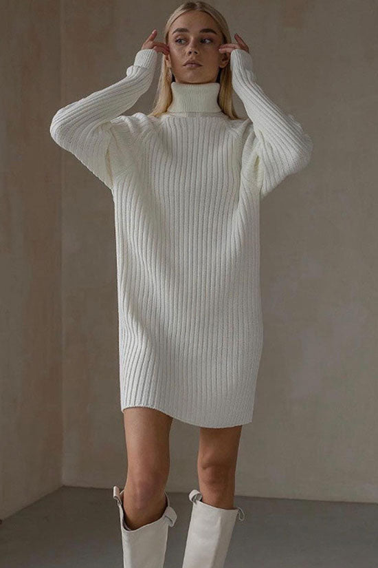Geripptes Strick-Winterminikleid – Weiß