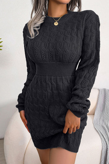 Winter Fisherman Knit Mini Dress - Black