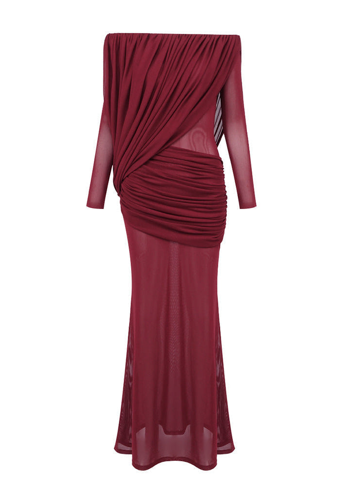 Apolline Drapeli Abiye Maxi Elbise-Bordo