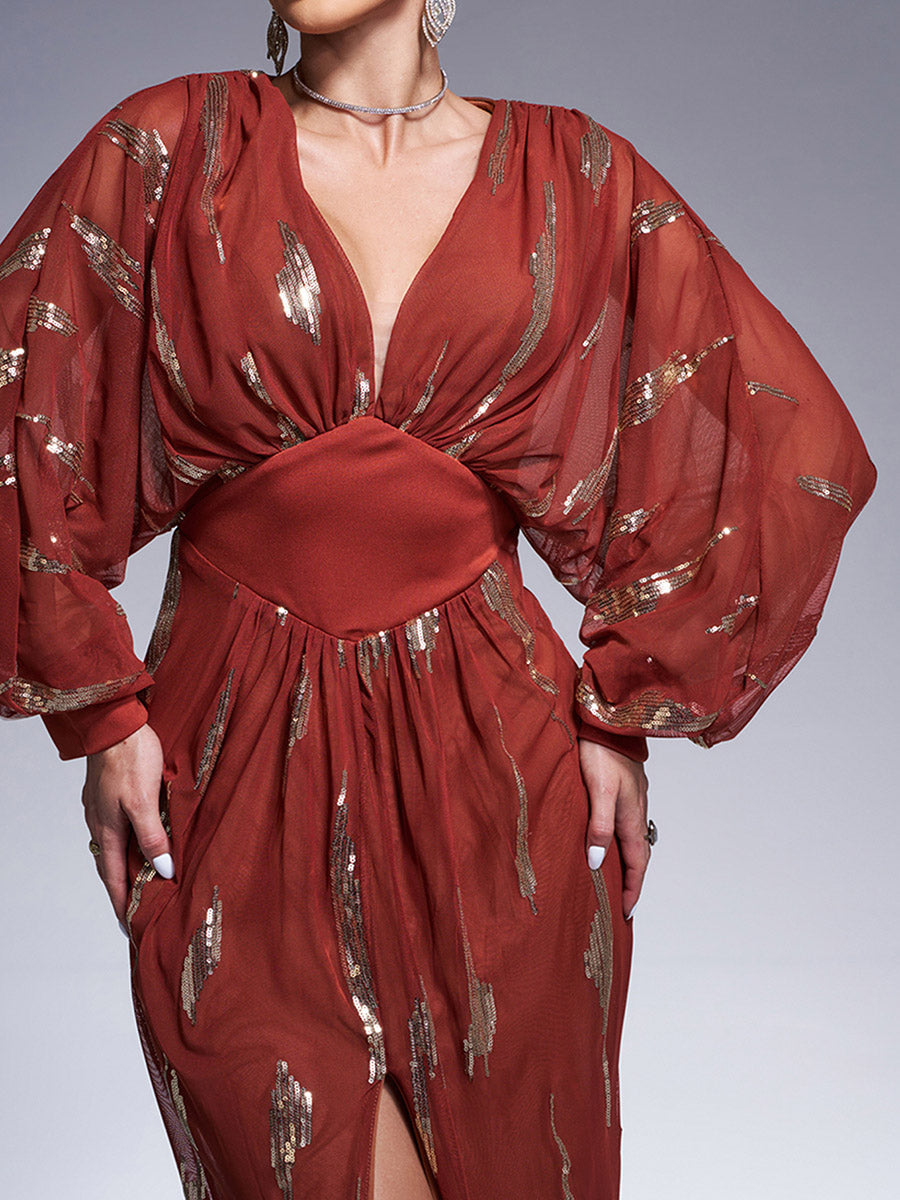 Rhiannon Elegantes Maxikleid mit Laternenärmeln