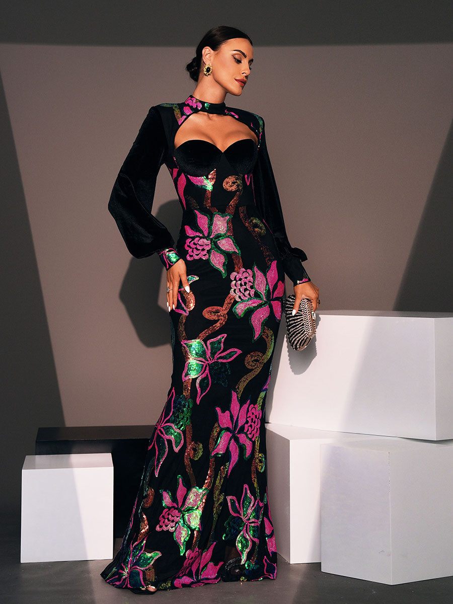 Dilara Meerjungfrauen-Maxikleid mit Cut-Outs und Laternenärmeln