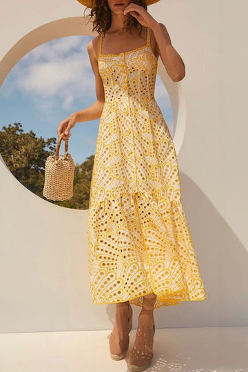Dolly Embroidered Lace Midi Dress - Yellow
