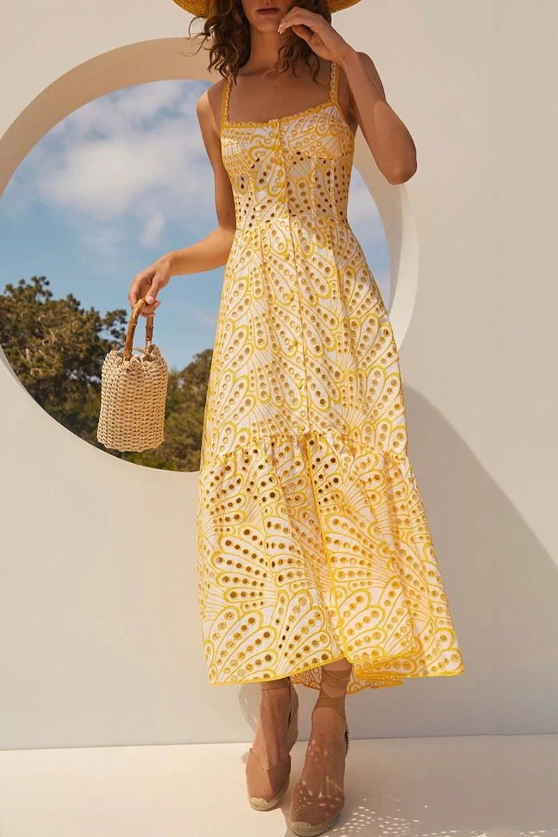 Dolly Embroidered Lace Midi Dress - Yellow