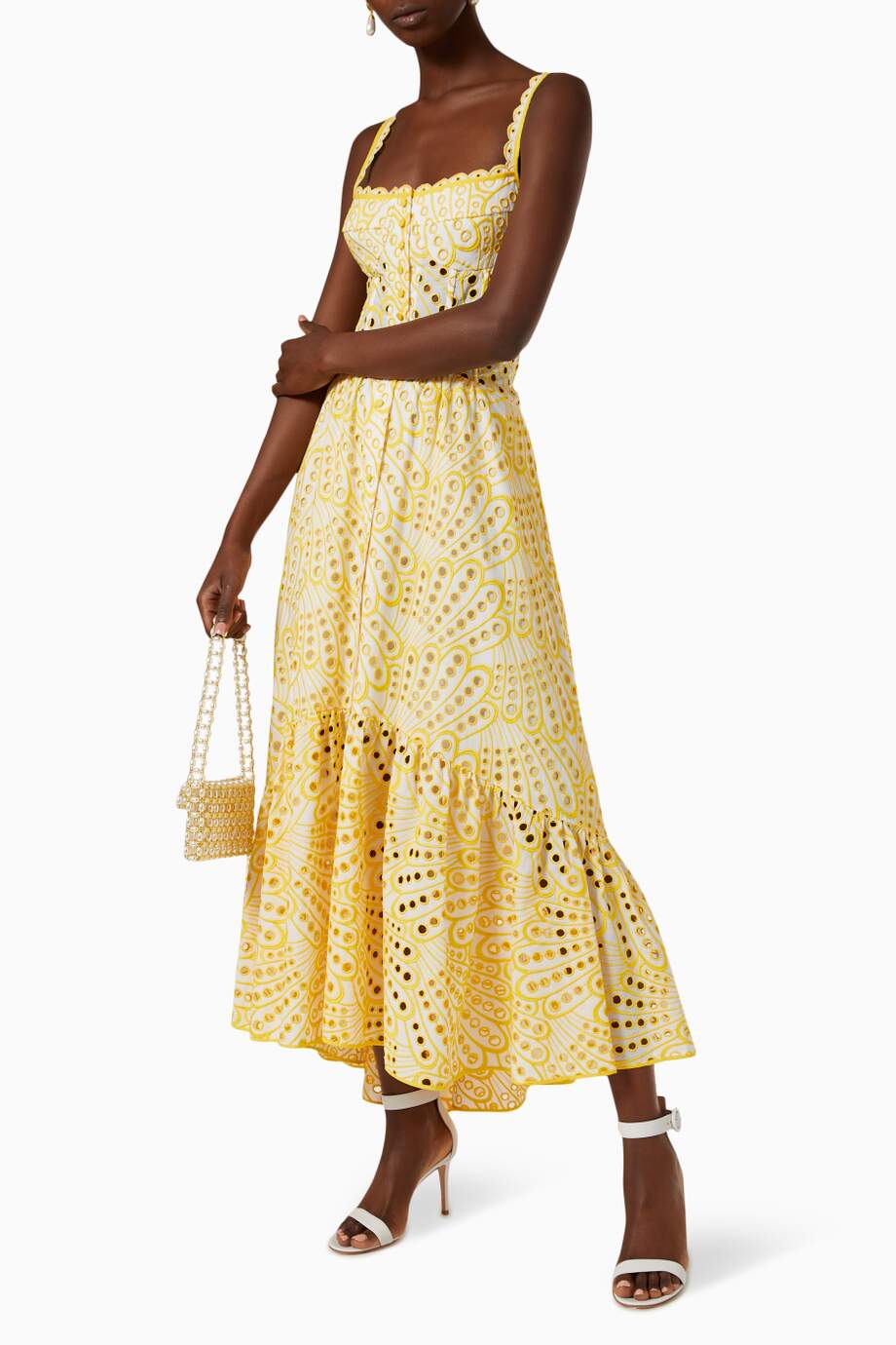 Dolly Embroidered Lace Midi Dress - Yellow