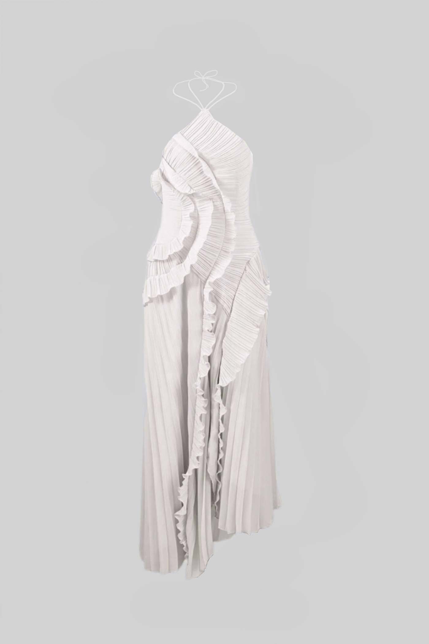 Pileli Askılı Midi Elbise, Aşağıya Doğru Akıcı Fırfır Detaylı - Beyaz