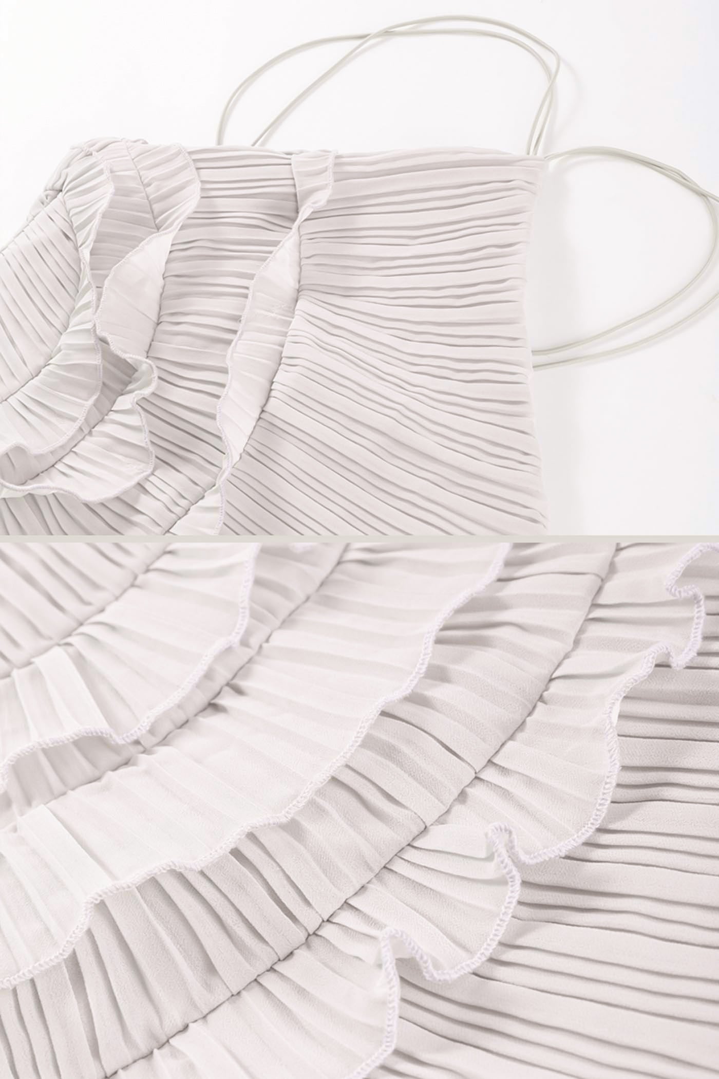 Pileli Askılı Midi Elbise, Aşağıya Doğru Akıcı Fırfır Detaylı - Beyaz