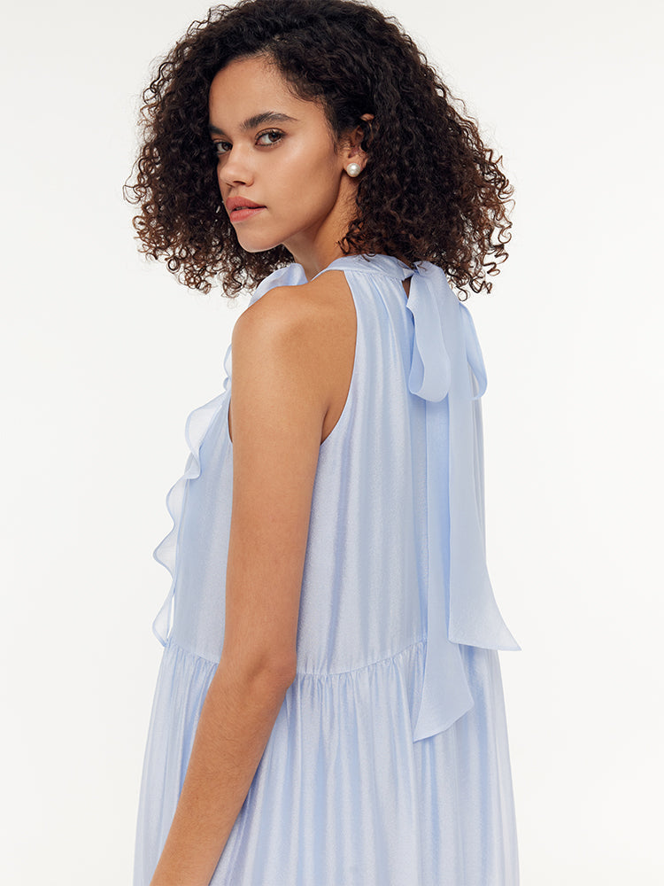 Çıkarılabilir Çiçekli Kadın Halter Midi Mavi Elbise