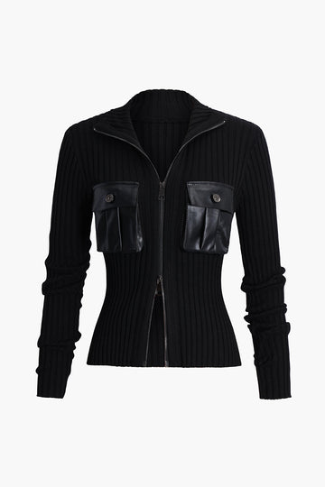 Knitted Leather Pocket Cardigan