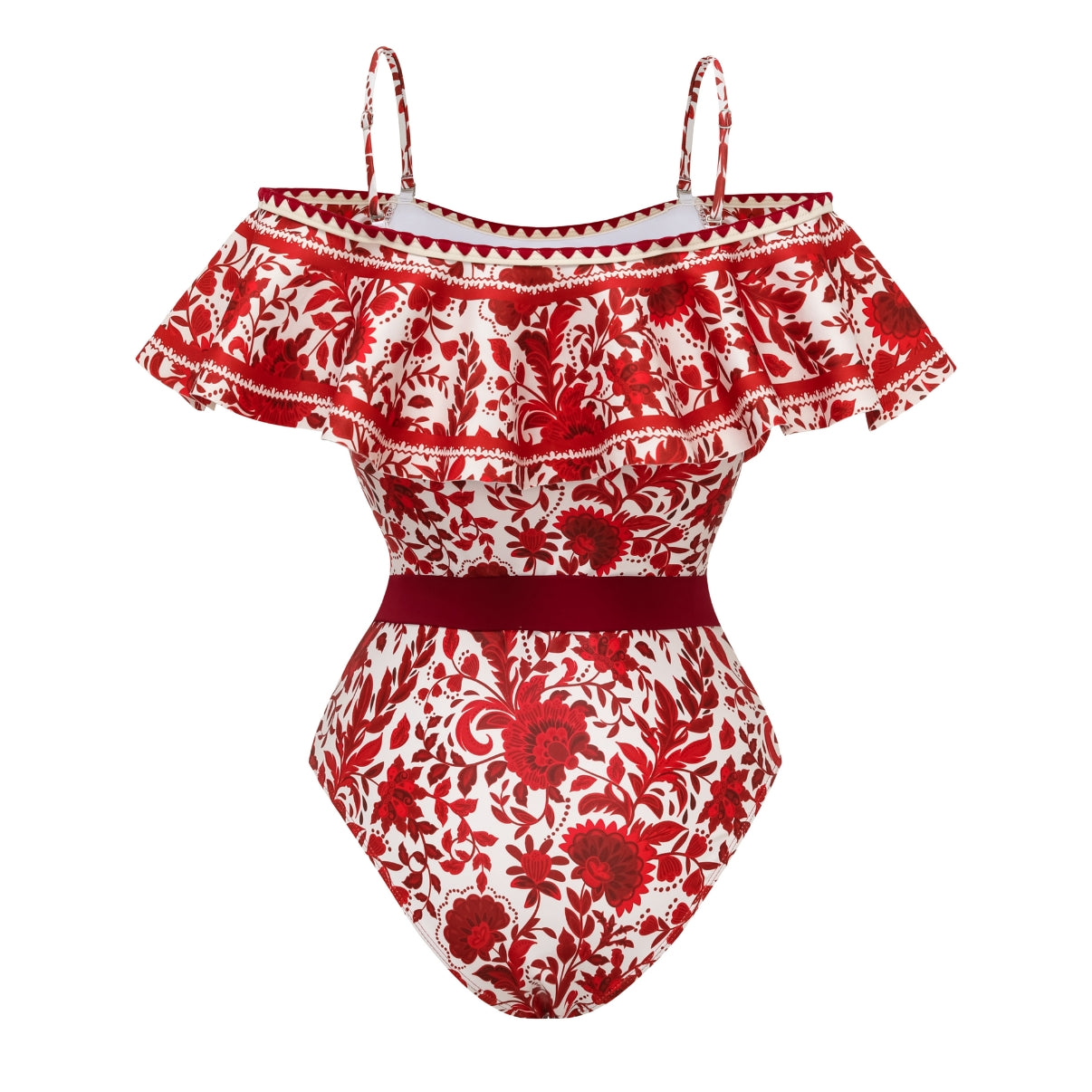Bandeau Fırfırlı Kırmızı Çiçek Silueti Mayo-Pareo