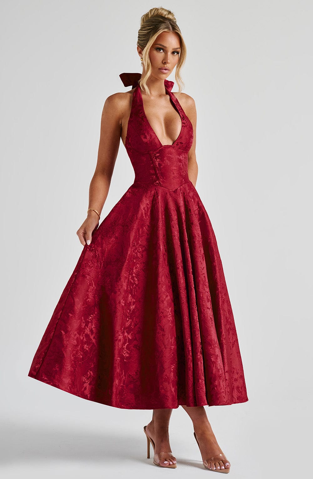 Bordo Halter Yaka Midi Elbise