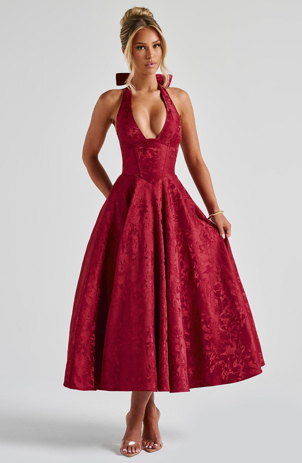 Bordo Halter Yaka Midi Elbise