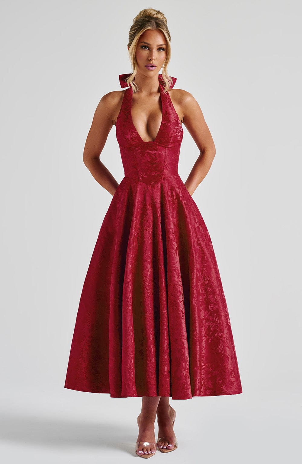 Bordo Halter Yaka Midi Elbise