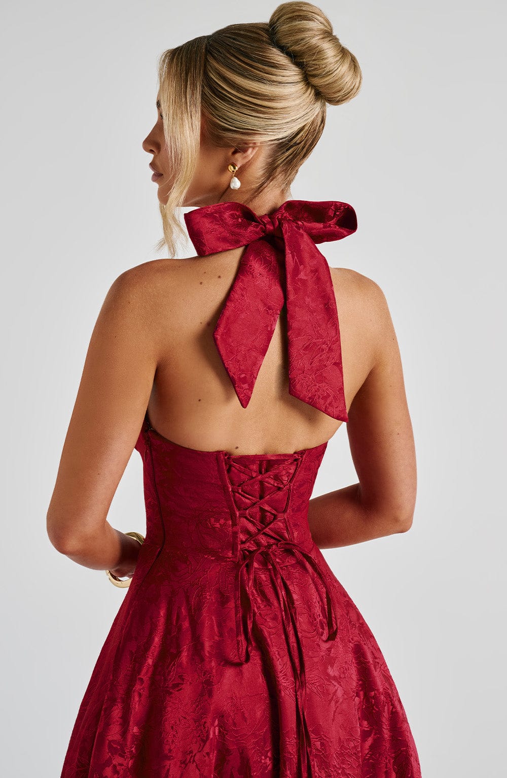 Bordo Halter Yaka Midi Elbise