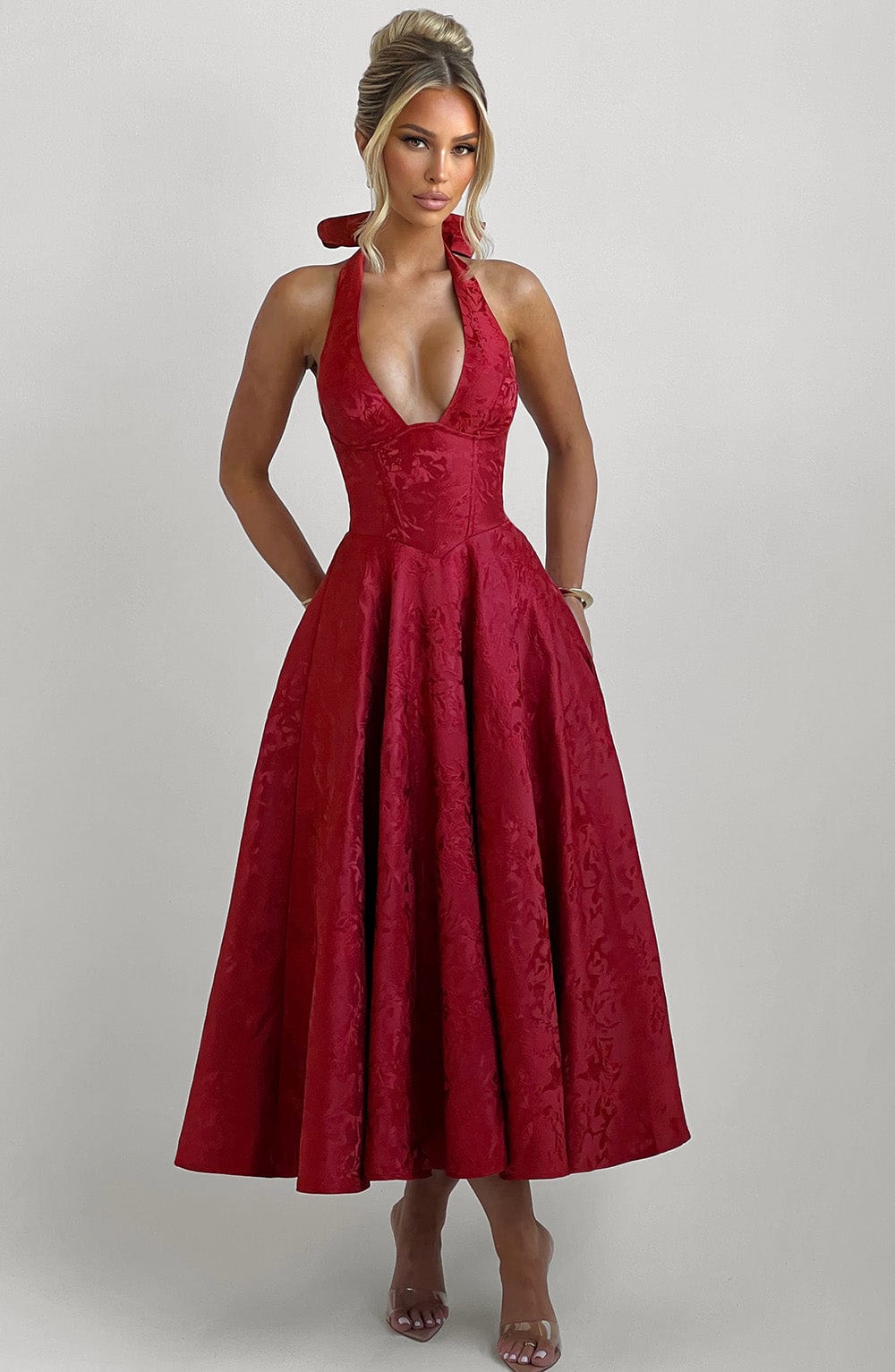 Bordo Halter Yaka Midi Elbise