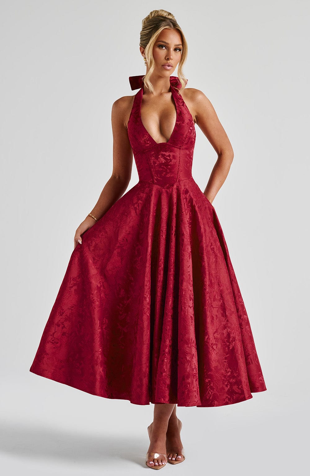 Bordo Halter Yaka Midi Elbise