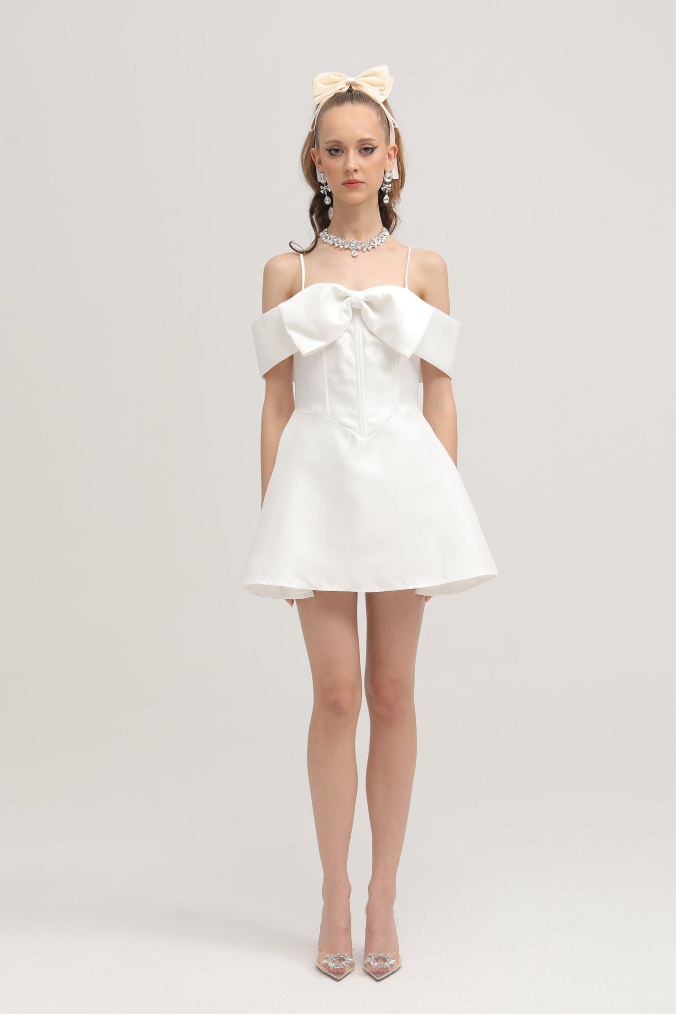 Elva White Flared Mini Dress with Bow