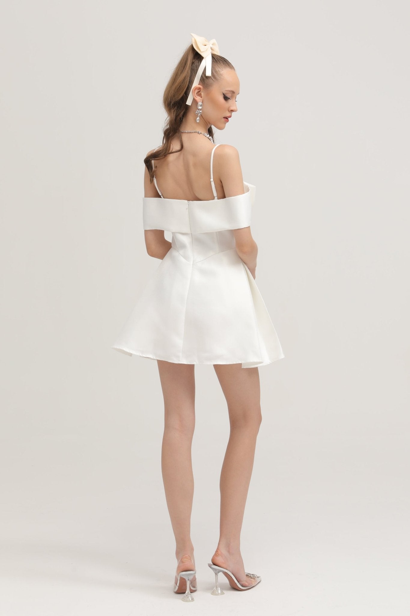 Elva White Flared Mini Dress with Bow