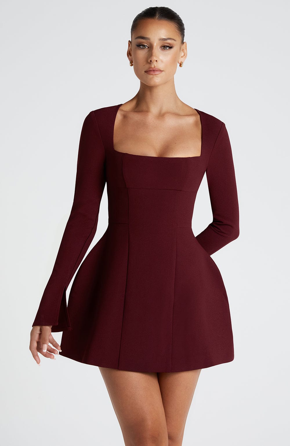 Bordo Kare Yaka Mini Elbise
