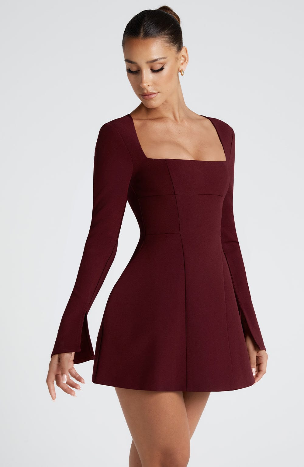 Bordo Kare Yaka Mini Elbise