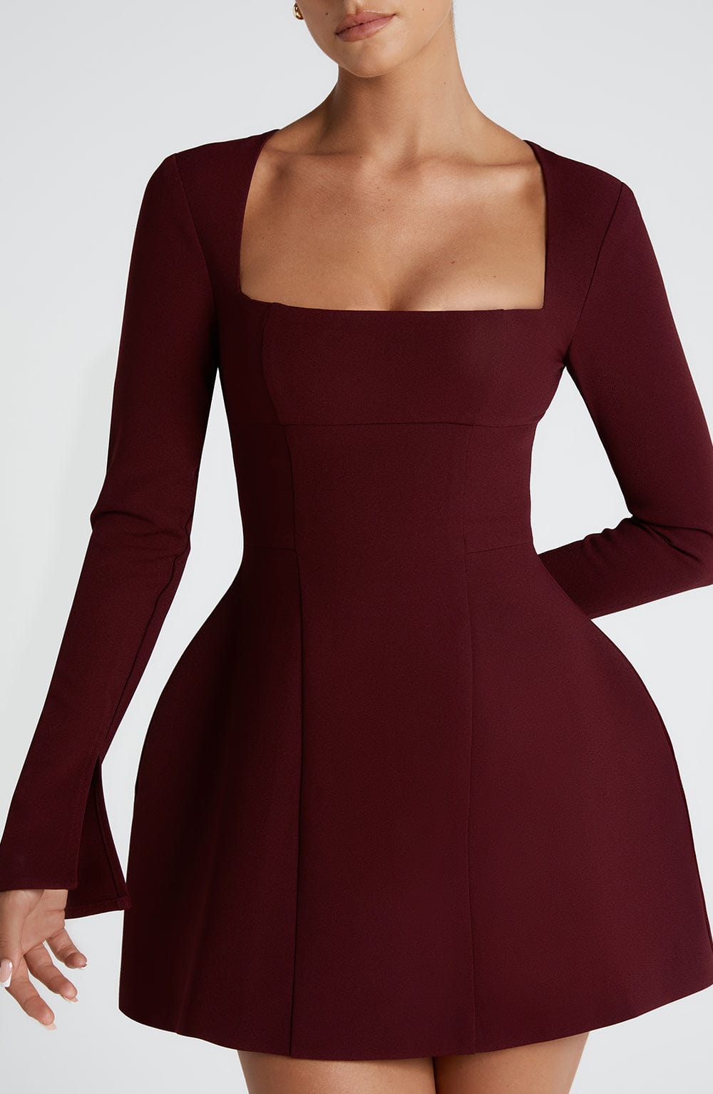 Bordo Kare Yaka Mini Elbise