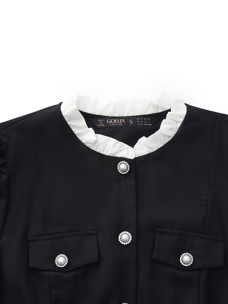 Women's Black Mini Sport Dress with Ruffle Trim and Pearl Buttons 