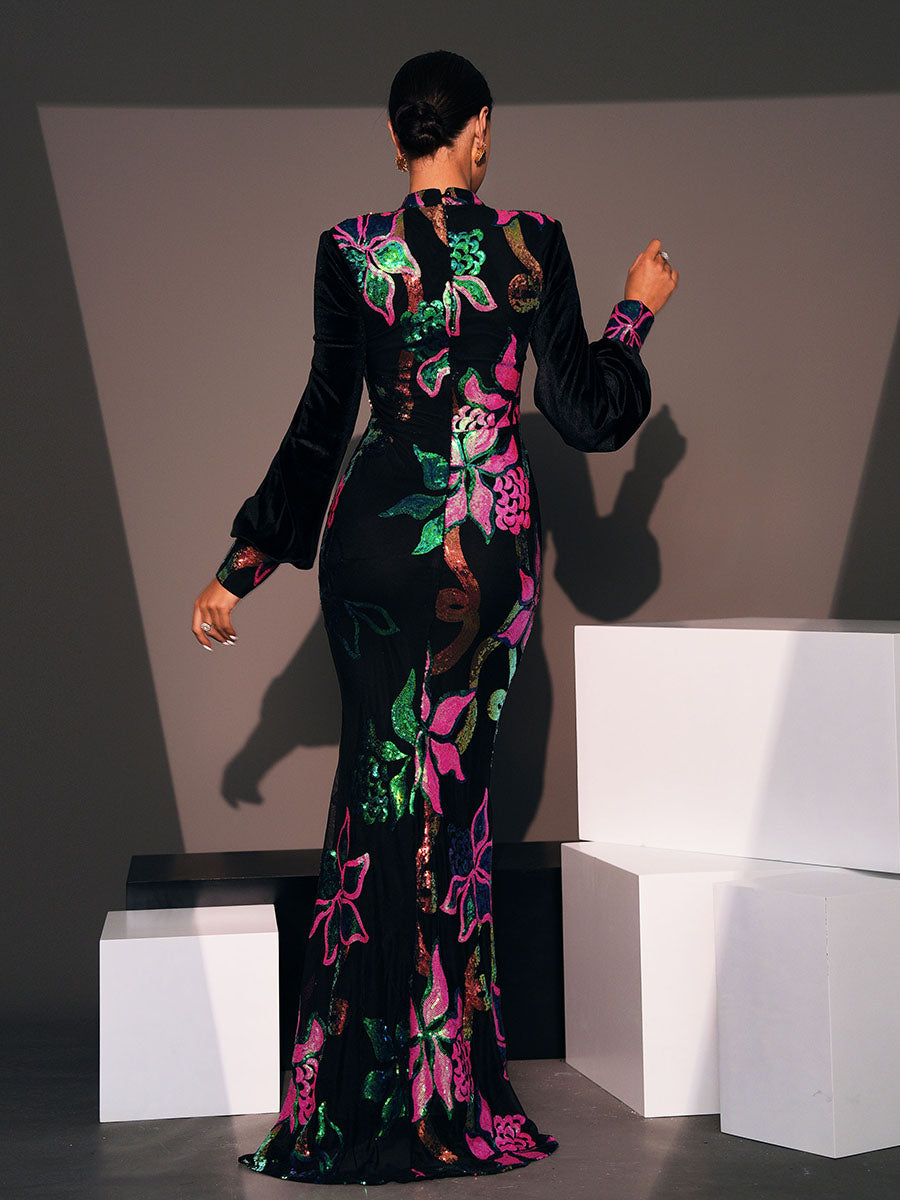 Dilara Meerjungfrauen-Maxikleid mit Cut-Outs und Laternenärmeln