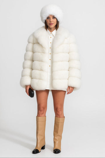 Layered Fox Fur Jacket with Large Shawl Collar – White