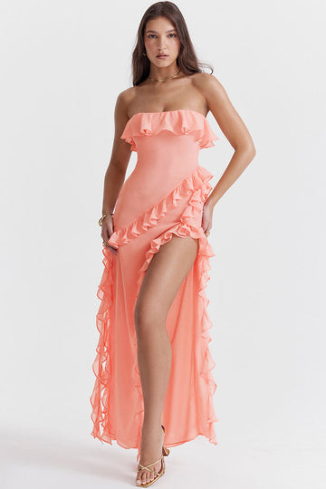 Strapless Draped Ruffled Maxi Dress