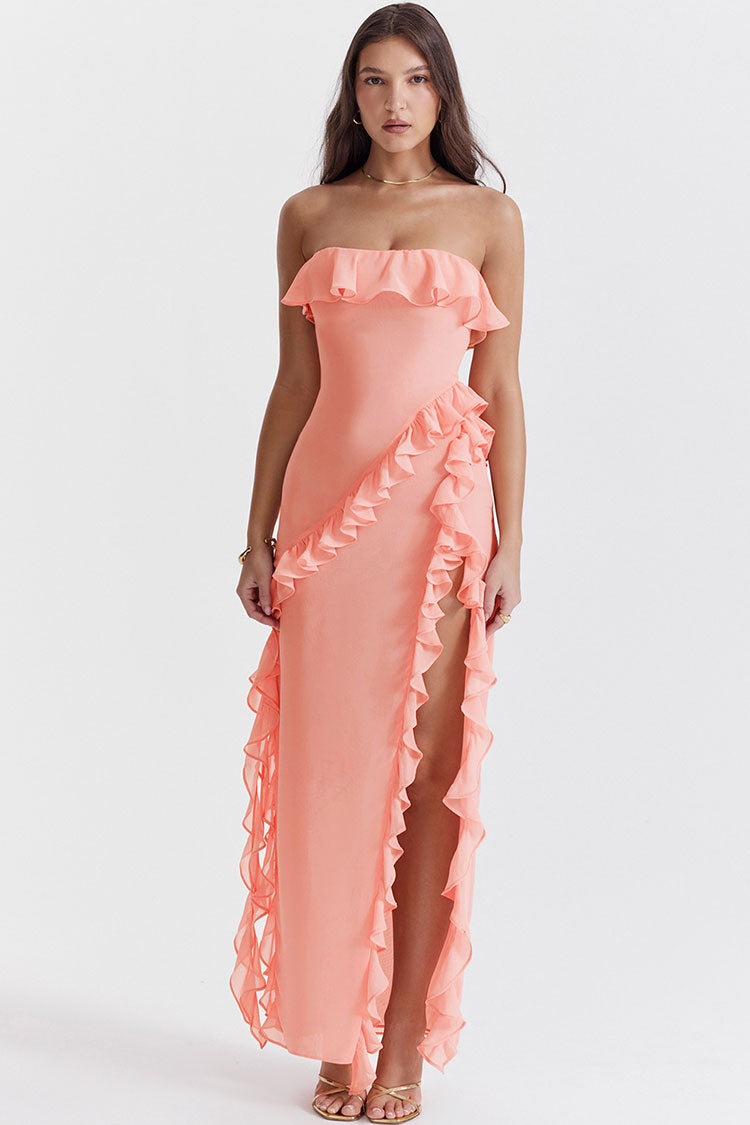 Strapless Draped Ruffled Maxi Dress
