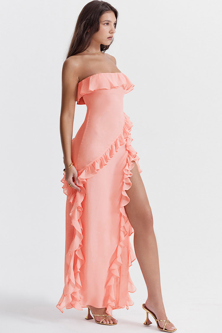 Strapless Draped Ruffled Maxi Dress